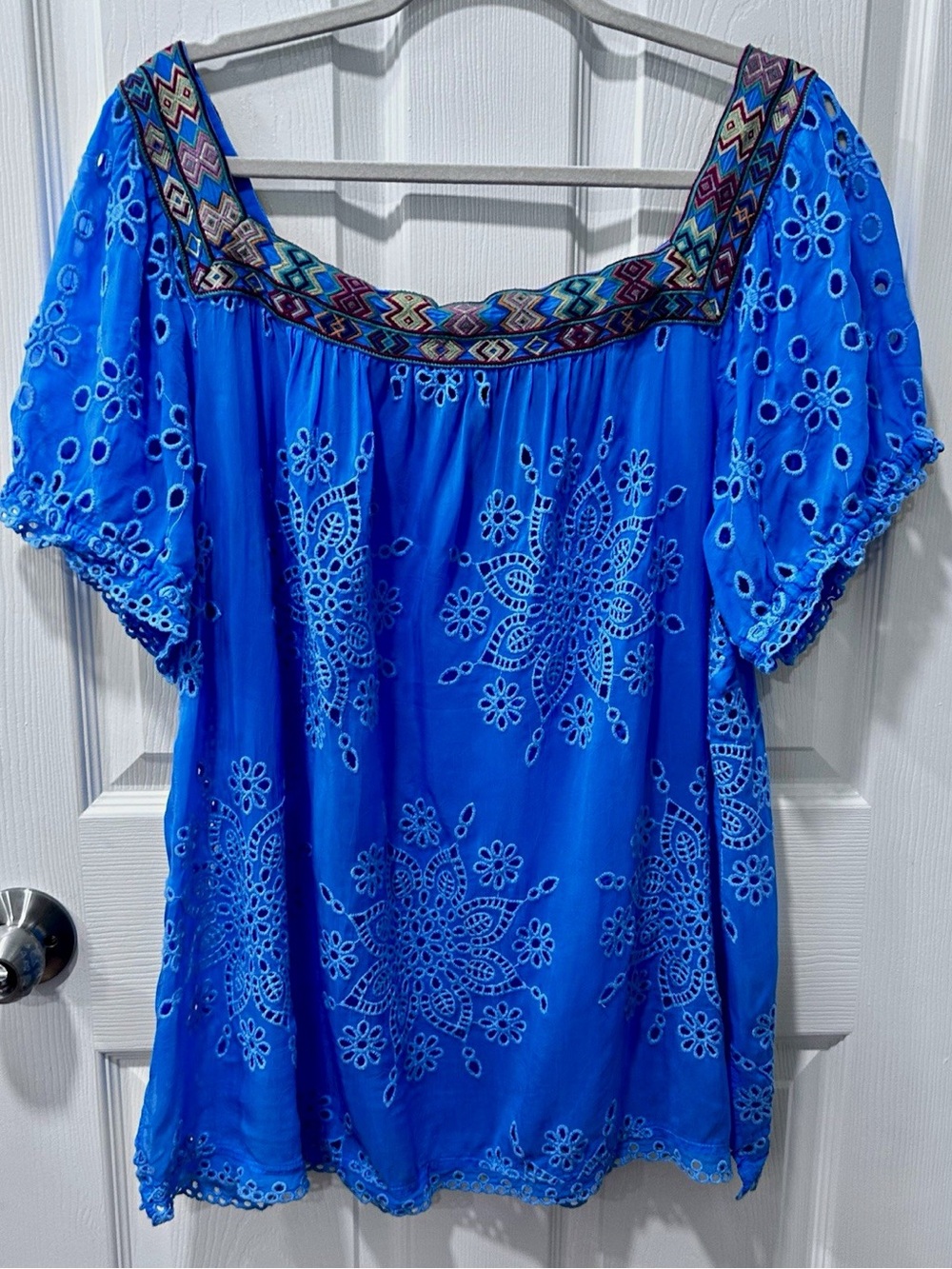 Johnny Was Blue Eyelet Embroidered Square Neck Puff Sleeve Blouse